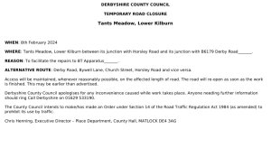 Temporary Road Closure: Tants Meadow, Lower Kilburn 8th February 2024