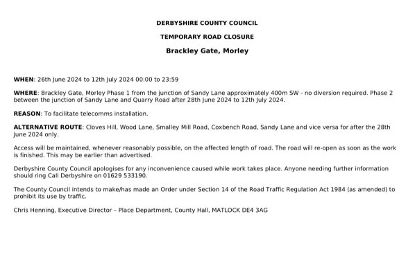 Temporary Road Closure: Brackley Gate, Morley
